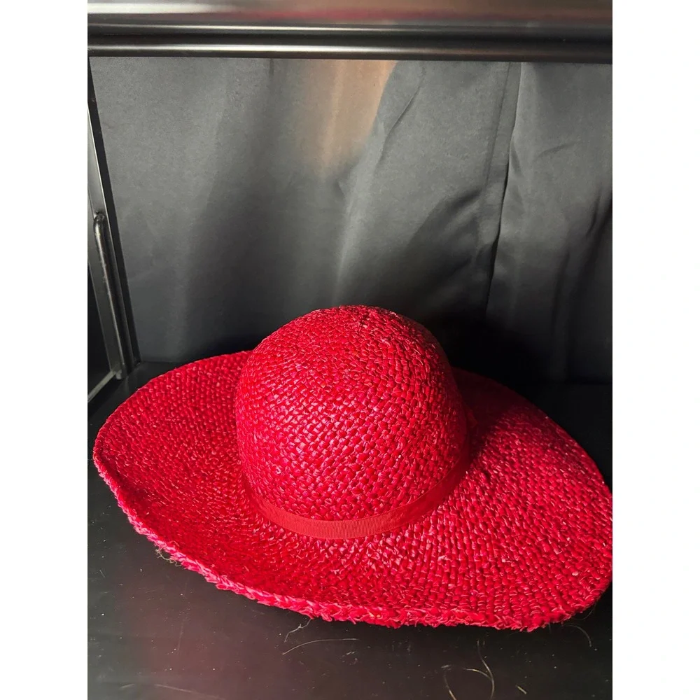 Vintage Red Woven Straw Wide Brim Sun Hat with Feather Detail Floppy Derby Hat